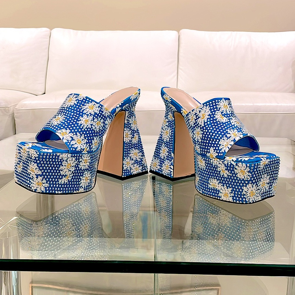 Custom made 6” block flare heels TURQUOISE rhinestone studded club mules NIB 8